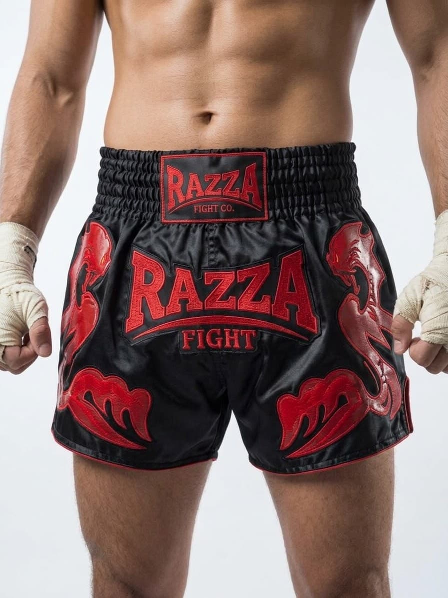 Shorts de Muay Thai 🥊 Negro con aplicación rojo - image 1